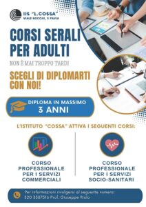 Volantino del percorso serale per pubblicizzare i percorsi per i servizi commerciali e per i servizi socio-sanitari